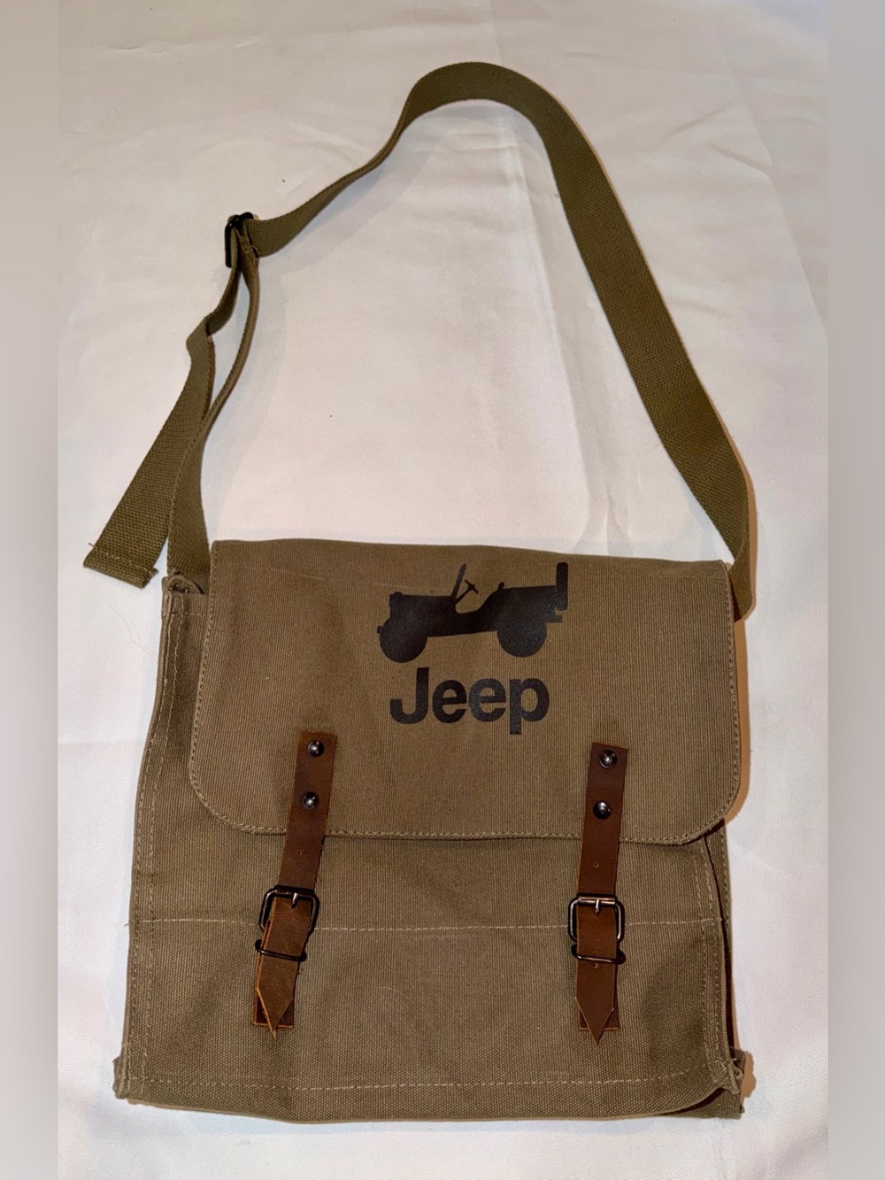 Jeep Olive Canvas Messenger Bag with Brown Straps